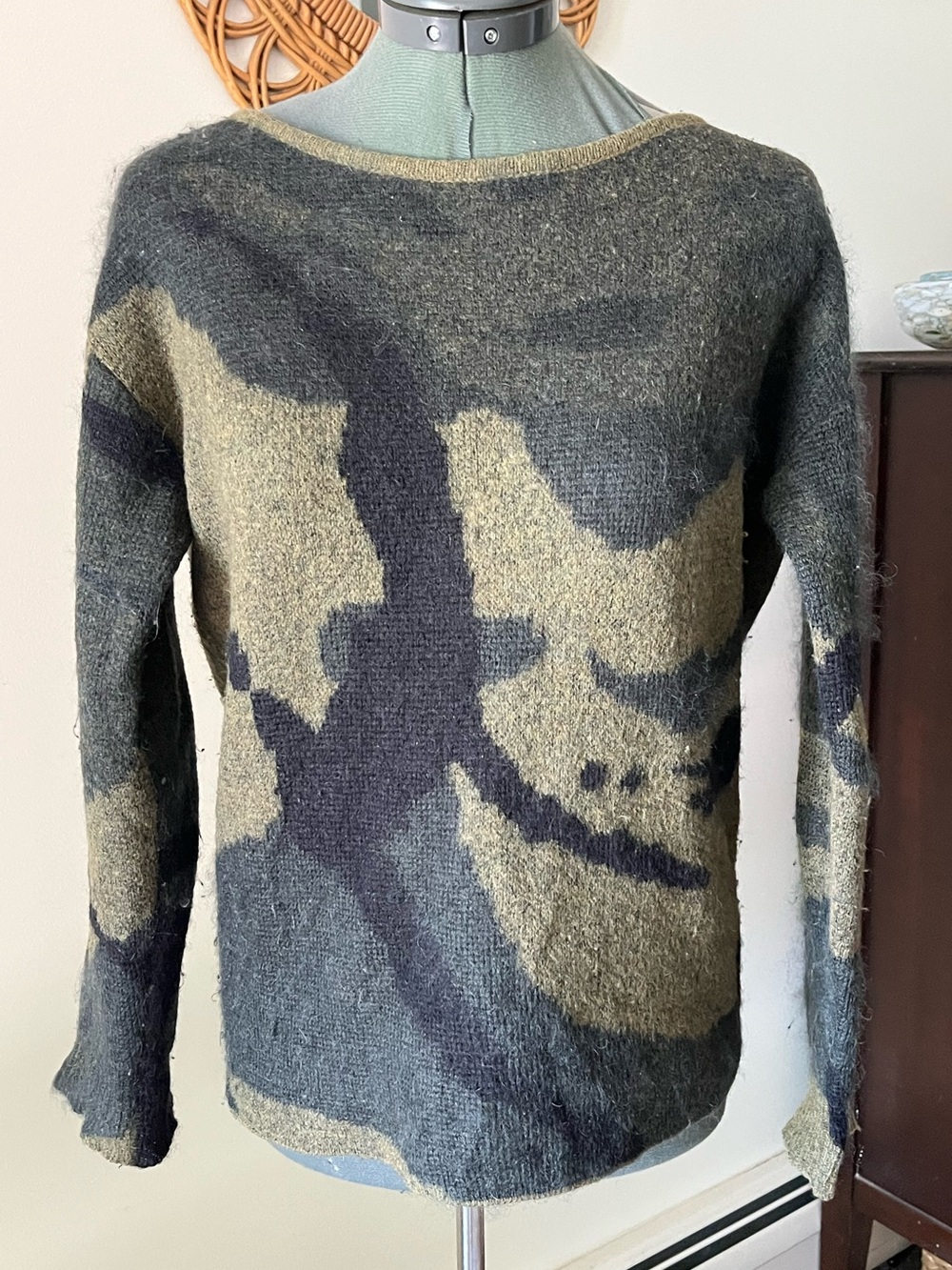 Rag & Bone Wool Mohair Alpaca Abstract Camo Sweater XS Oversized Fuzzy Knit